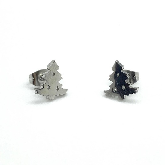 SILVER Tone Christmas Tree Earring Pair - Picture 3 of 8